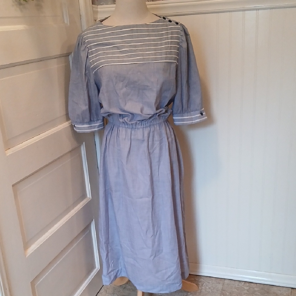 Vintage Blue Midi Dress with White Accents